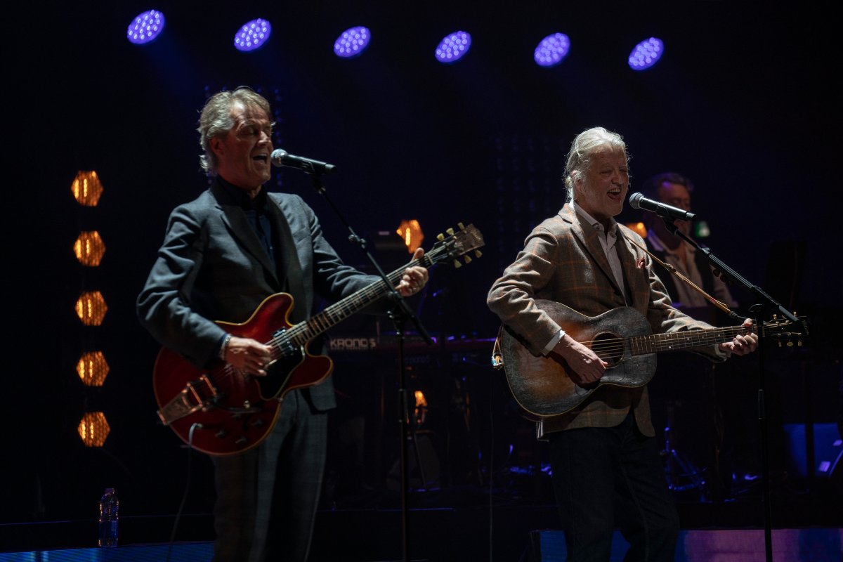 Jim Cuddy and Greg Keelor of Blue Rodeo perform together at the Canadian Songwriters Hall of Fame Induction Ceremony at Massey Hall in Toronto, on Saturday, September 28, 2024.