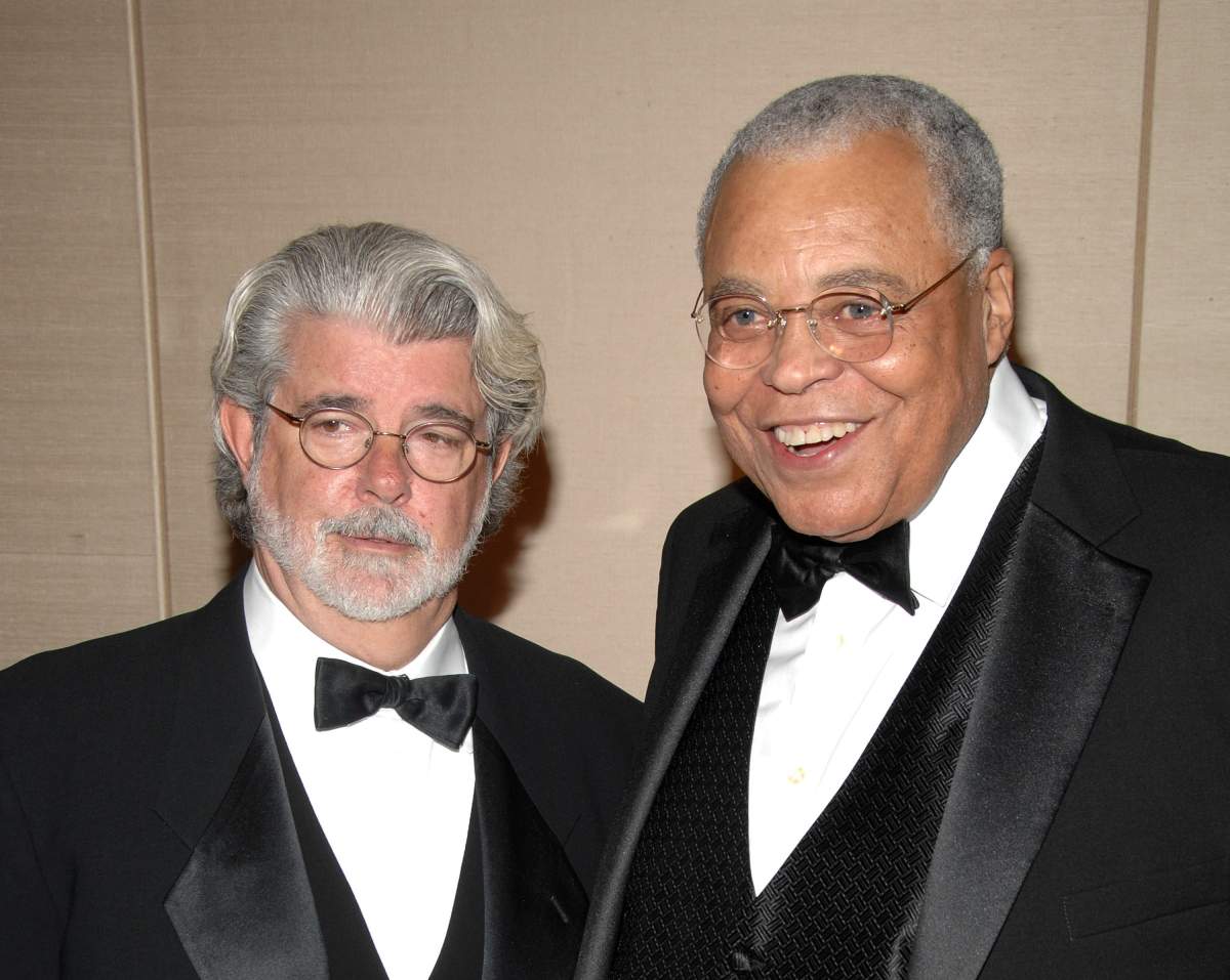 Actor James Earl Jones, right, and director George Lucas arrive at The 25th Anniversary Princess Grace Awards Gala at Sotheby’s, Thursday, Oct. 25, 2007 in New York. (AP Photo/Peter Kramer)
