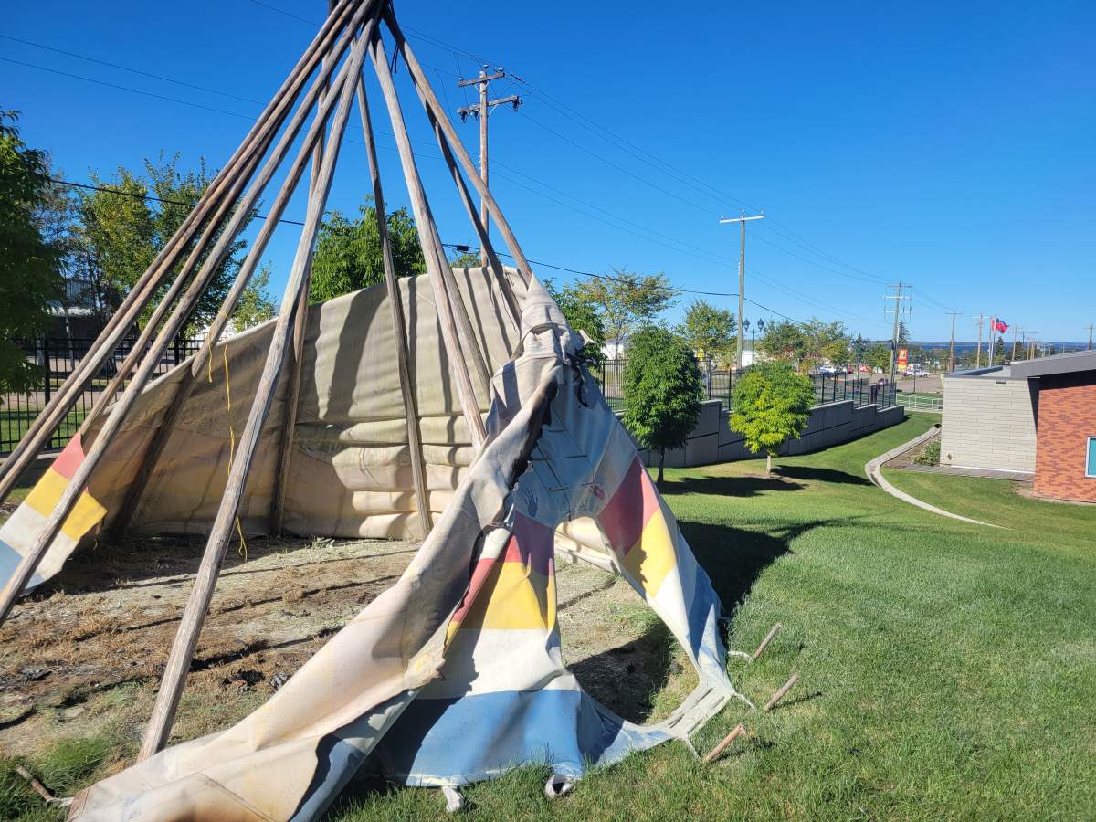 A commemorative teepee gifted to the Lac La Biche RCMP by the Beaver Lake Cree Nation was set on fire outside the detachment on Monday, Sept. 23, 2024.