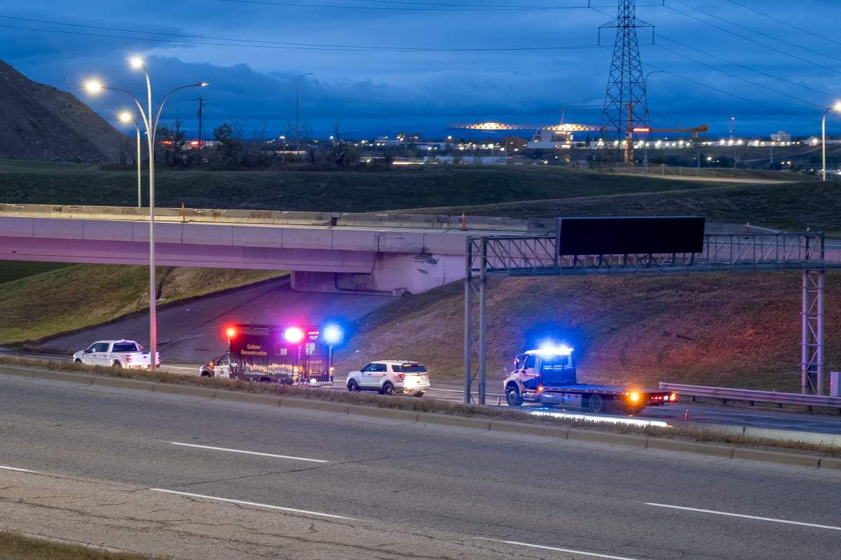 Calgary police said officers were called to a single-vehicle crash at Deerfoot Trail near Peigan Trail at 3:36 a.m. on Sept. 26, 2024.