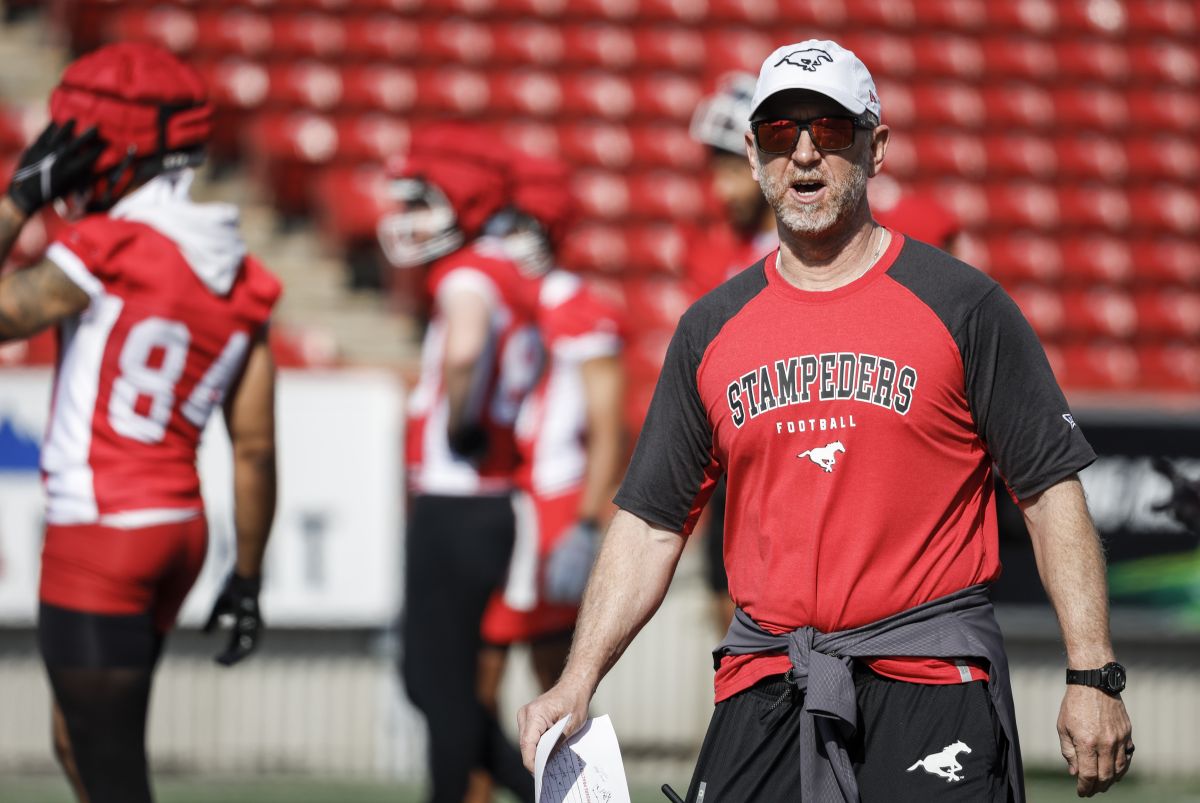 Calgary Stampeders head coach Dave Dickenson watches the action during opening day of training camp in Calgary, Alta., Sunday, May 12, 2024.