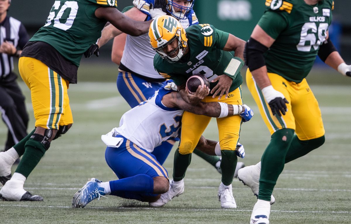 Winnipeg Blue Bombers' Michael Griffin II (centre left) tackles Edmonton Elks quarterback Tre Ford (2) during first half CFL action in Edmonton, on Saturday September 21, 2024.