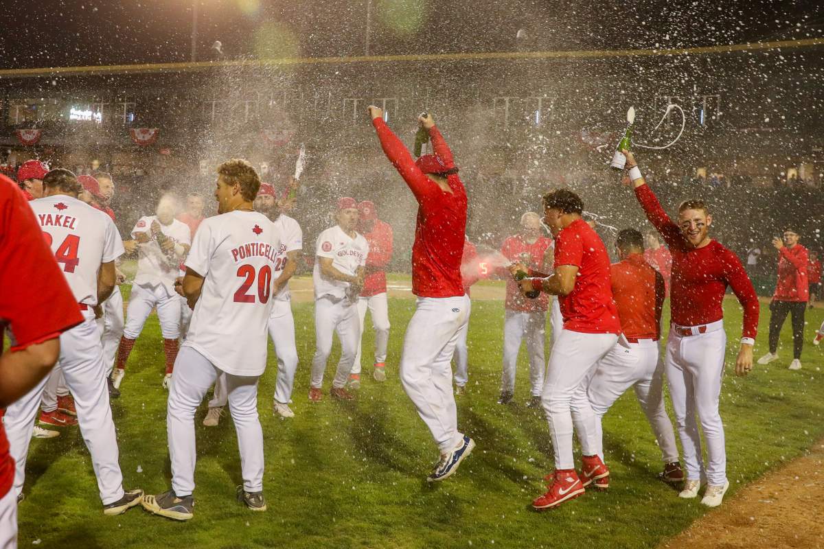 The Goldeyes celebrate after winning their first round playoff series on Saturday.