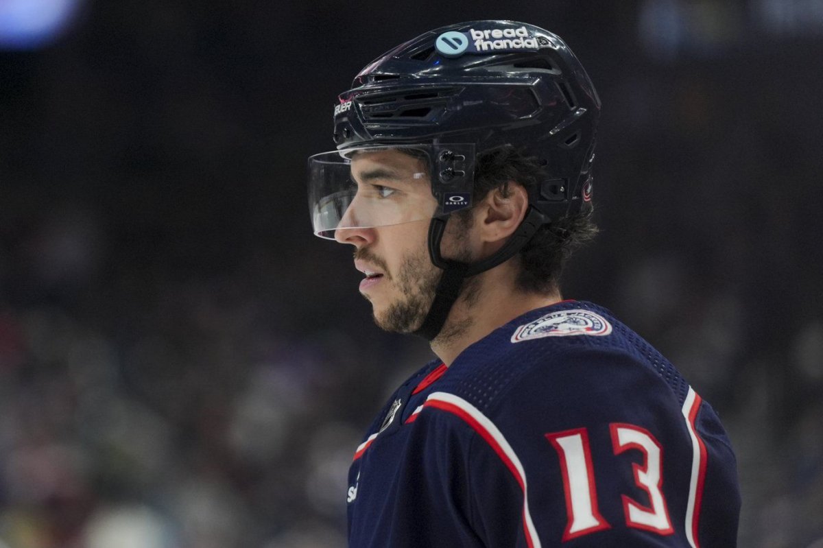 FILE - Columbus Blue Jackets' Johnny Gaudreau (13) awaits the face-off during an NHL hockey game against the Nashville Predators, Saturday, March 9, 2024, in Columbus, Ohio.