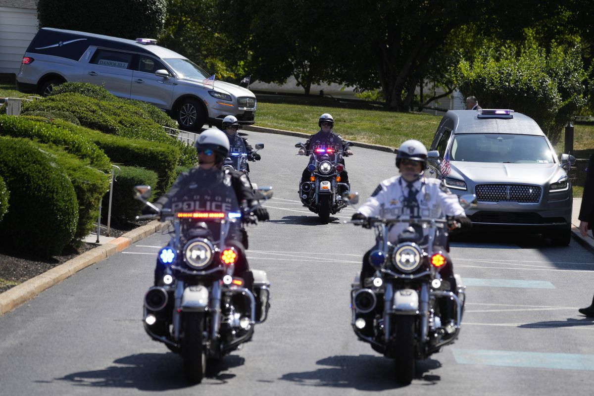 The remains of Columbus Blue Jackets hockey player John Gaudreau and his brother Matthew arrive for their funeral at St. Mary Magdalen Catholic Church in Media, Pa., Monday, Sept. 9, 2024.