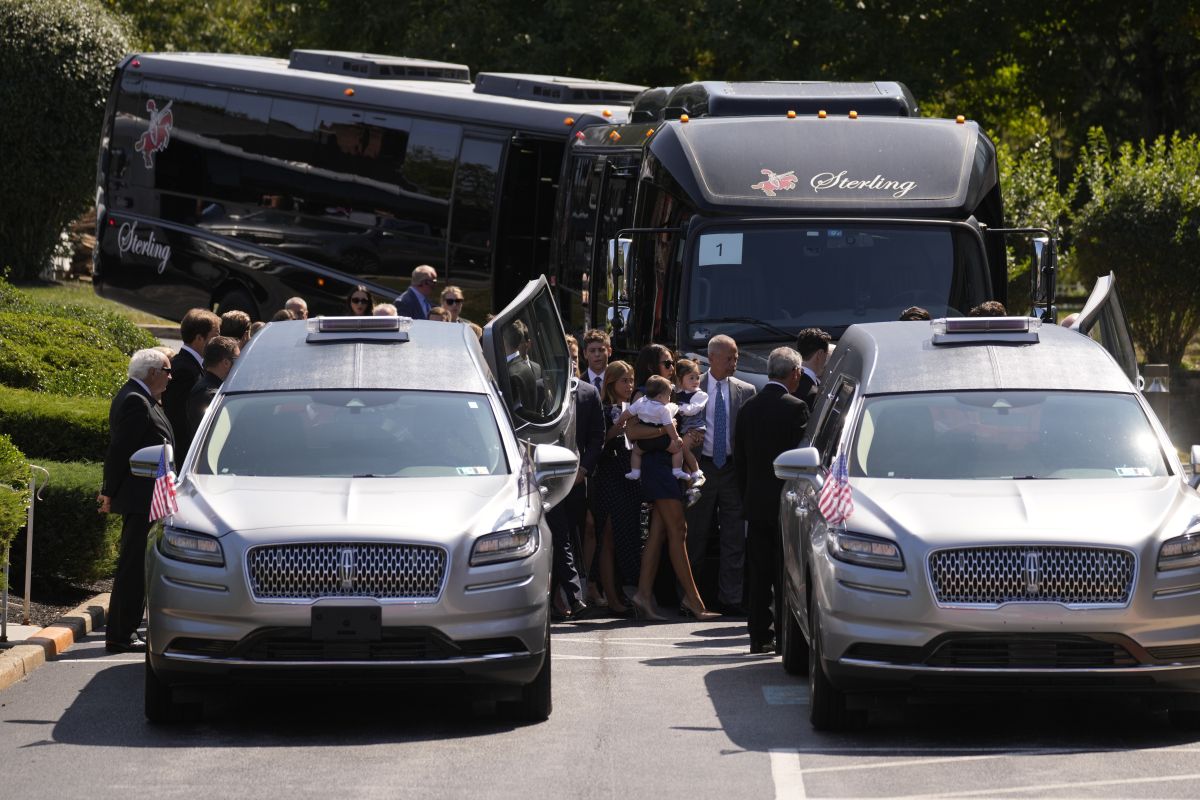Mourners arrive for a funeral for Columbus Blue Jackets hockey player John Gaudreau and his brother Matthew Gaudreau at St. Mary Magdalen Catholic Church in Media, Pa., Monday, Sept. 9, 2024.