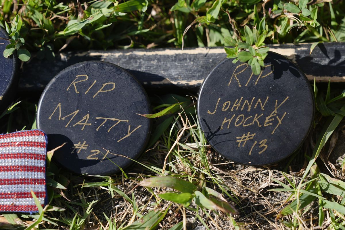 Shown is a makeshift memorial for NHL hockey player Johnny Gaudreau and his brother Matthew who were killed by a suspected drunken driver as they bicycled on a rural road, Sept. 5, 2024, in Oldmans Township , N.J., Thursday.