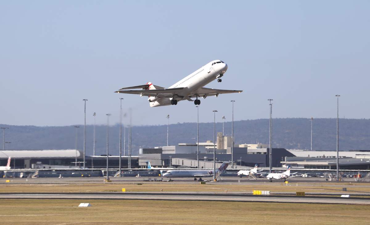 A plane takes off from the Perth airport.