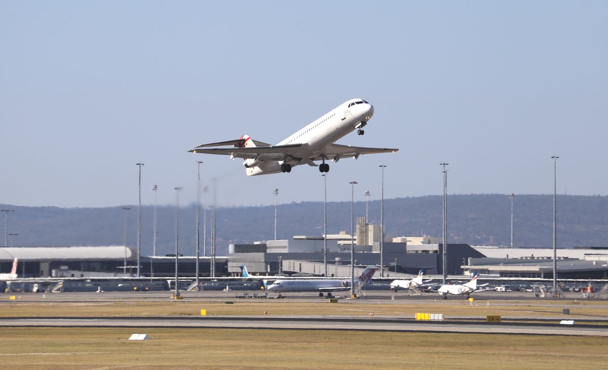 A plane takes off from the Perth airport.