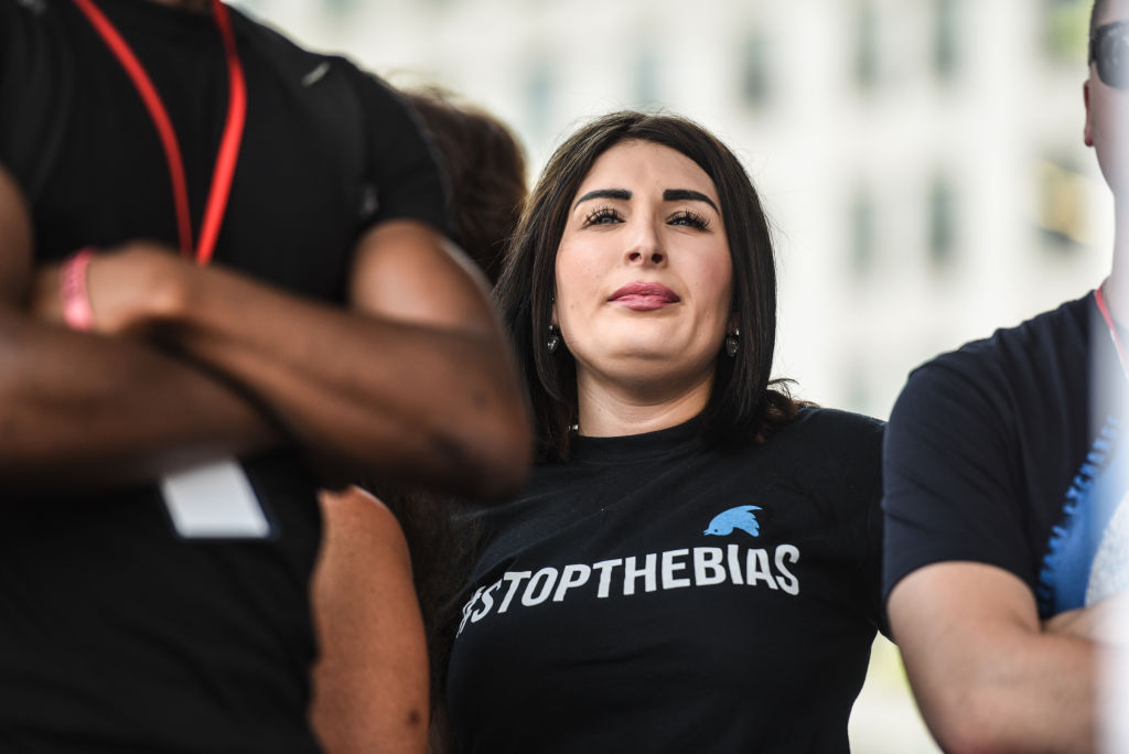 FILE - Laura Loomer waits backstage during a "Demand Free Speech" rally on Freedom Plaza on July 6, 2019 in Washington, DC.