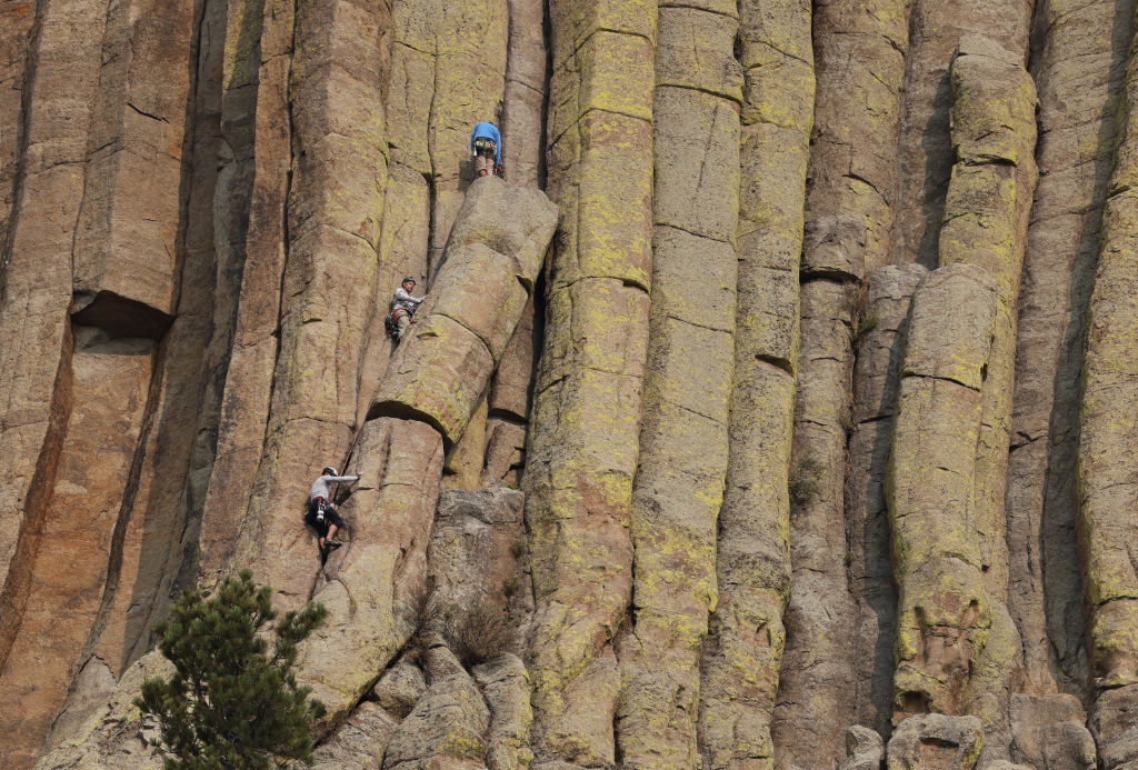 Climbers scale Devils Tower in this undated photo.