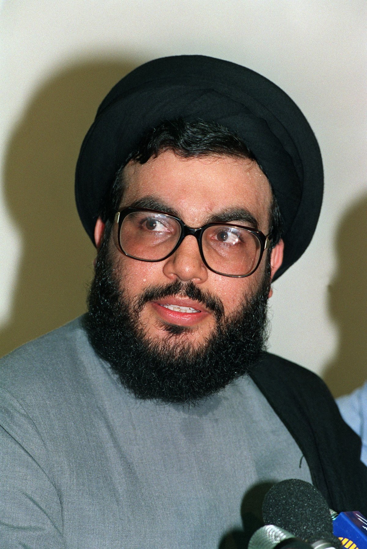 Hassan Nasrallah, the head of Hezbollah, addresses media on August 1, 1993 in the southern suburb of Beirut. Nasrallah was elected secretary-general of Hezbollah in 1992 after Israel killed his predecessor Abbas al-Musawi, his wife and three-year-old daughter in an air strike.