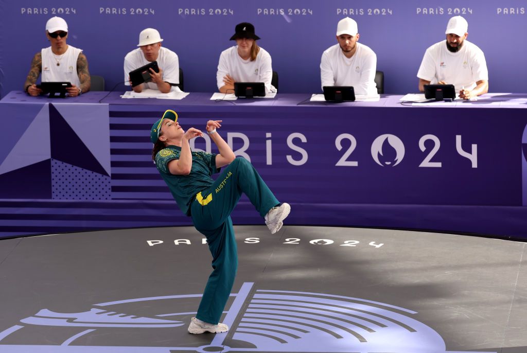 B-Girl Raygun of Team Australia competes during the B-Girls Round Robin - Group B on day fourteen of the Olympic Games Paris 2024 at Place de la Concorde on August 9, 2024 in Paris, France.