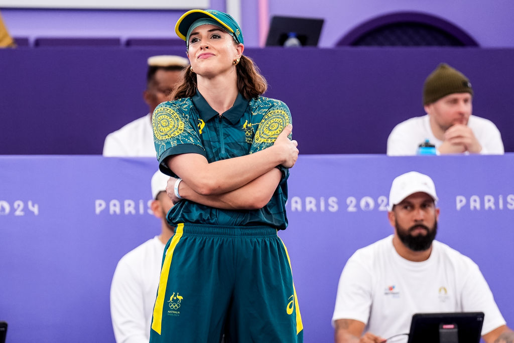 B-Girl Raygun of Team Australia looks on before competing in the B-Girls Round Robin during Day 14 of Breaking - Olympic Games Paris 2024 at Place de la Concorde on August 9, 2024 in Paris, France.