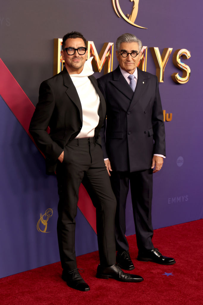(L-R) Dan Levy and Eugene Levy attend the 76th Primetime Emmy Awards at Peacock Theater on September 15, 2024 in Los Angeles, California.