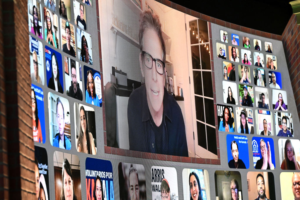 Ben Stiller appears on screen during a 'Unite for America' live streaming rally with US Vice President and Democratic presidential candidate Kamala Harris and US television producer Oprah Winfrey in Farmington Hills, Michigan, on September 19, 2024.