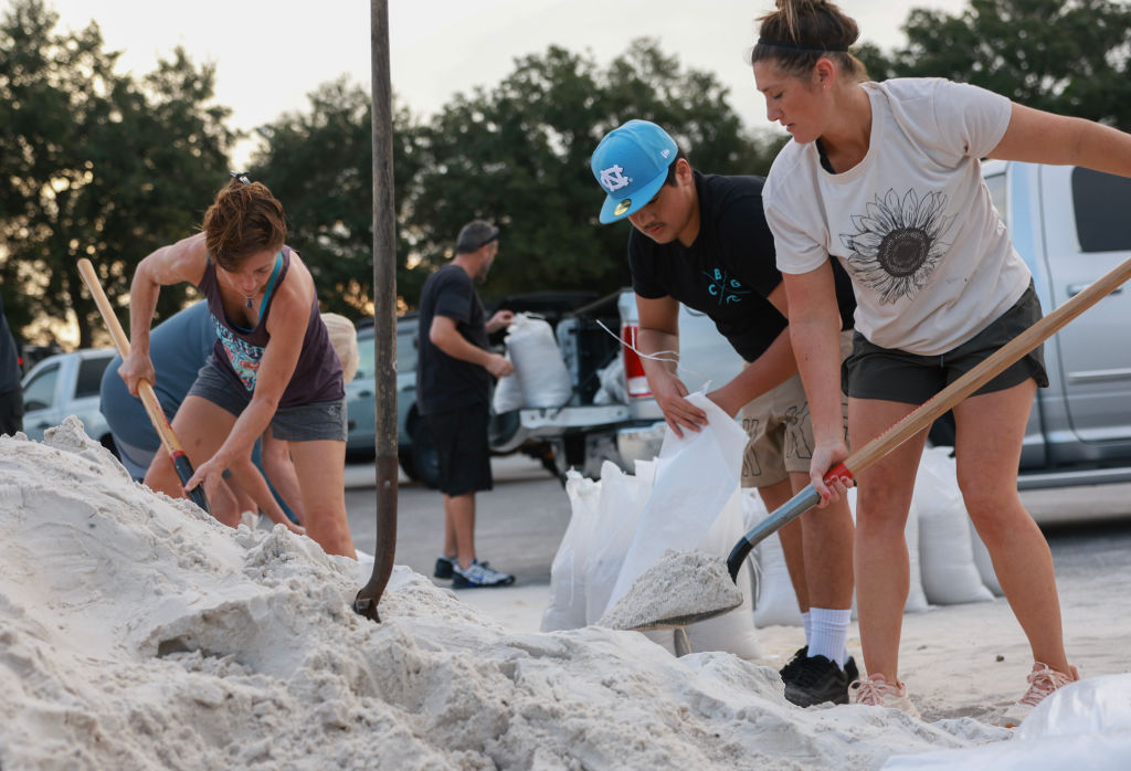 Residents fill sandbags at Helen Howarth Park ahead of the possible arrival of Hurricane Helene on September 25, 2024 in Pinellas Park, Florida.