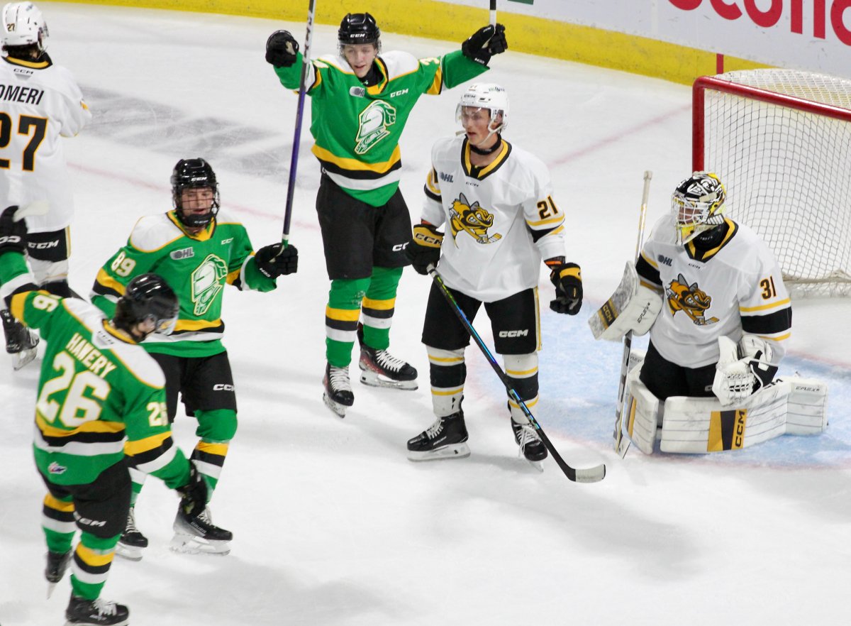 The London Knights celebrate Logan Hawery's first goal in a Knights uniform as part of a 6-3 win over Sarnia on Sept. 20, 2024.