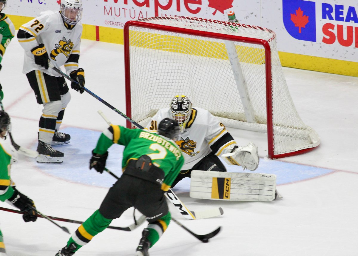 Henry Brzustewicz of the London Knights gets a scoring chance in close in London's