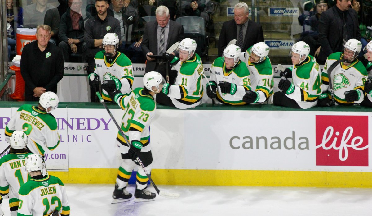 William Nicholl of the London Knights celebrates one of his two goals in a 7-4 loss to the Flint Firebirds on Sept. 27, 2024 at Budweiser Gardens.