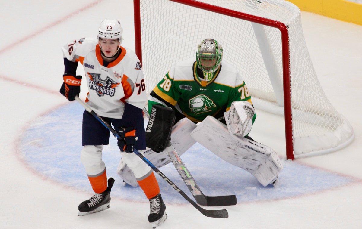 Alexei Medvedev looks out from his crease in his very first career start in the Ontario Hockey League on Sept. 28, 2024 against the Flint Firebirds.