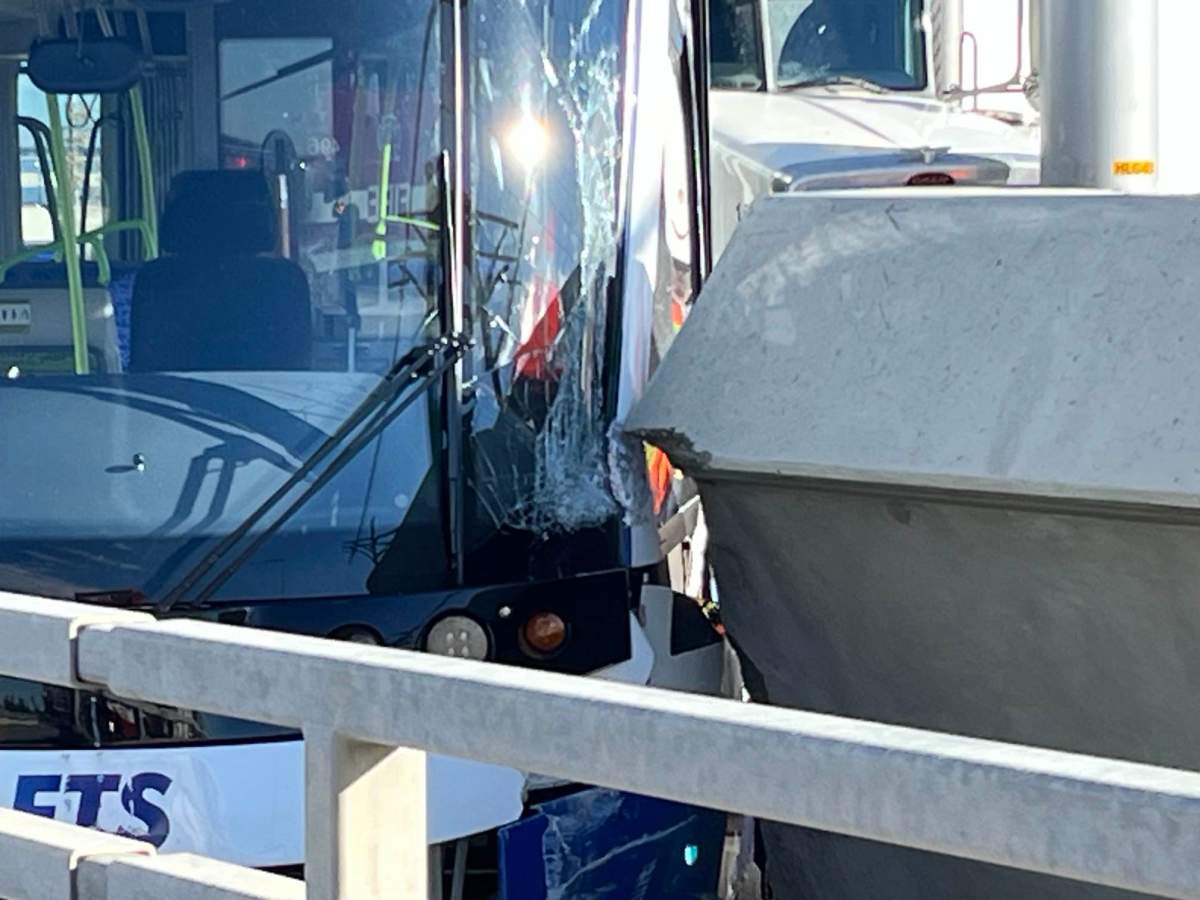 A collision between a semi tractor trailer and the Valley Line LRT on 66/75 Street at the Whitemud Drive overpass on Tuesday, Sept. 24, 2024.