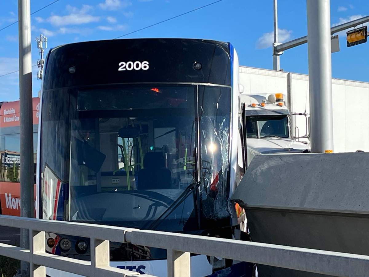 A collision between a semi tractor trailer and the Valley Line LRT on 66/75 Street at the Whitemud Drive overpass on Tuesday, Sept. 24, 2024.