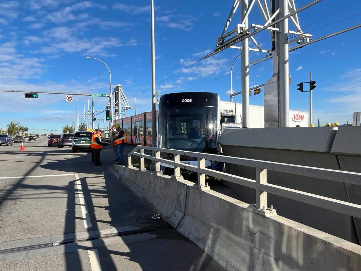 A collision between a semi tractor trailer and the Valley Line LRT on 66/75 Street at the Whitemud Drive overpass on Tuesday, Sept. 24, 2024.