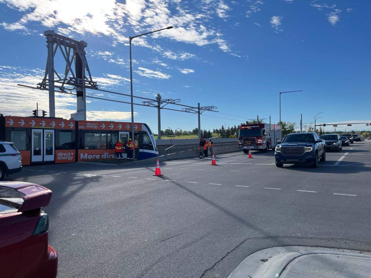 A collision between a semi tractor trailer and the Valley Line LRT on 66/75 Street at the Whitemud Drive overpass on Tuesday, Sept. 24, 2024.