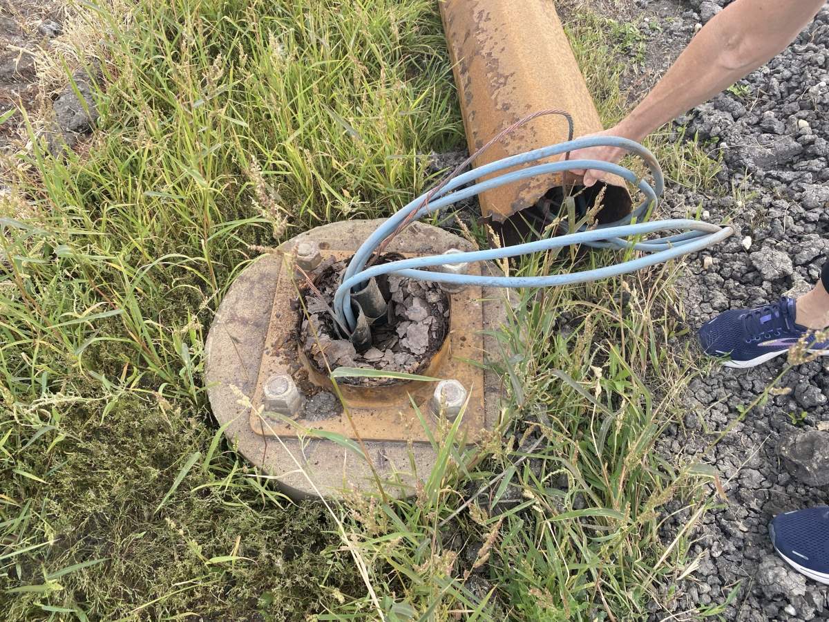 An image of the base of the light standard on Sept. 4, 2024, two days after it initially fell.