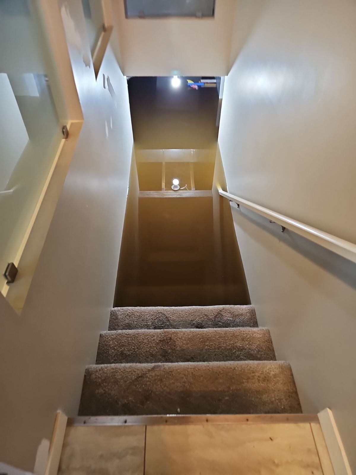 Flood water reflects light in the stairwell to Khristy Butler’s basement.