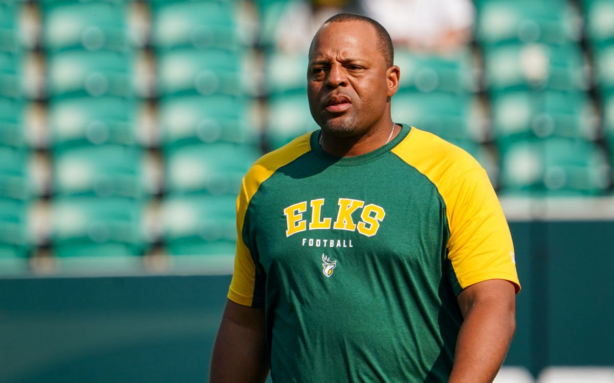 Edmonton Elks interim head coach Jarious Jackson looks on prior to CFL football action against the Saskatchewan Roughriders in Regina, on Saturday, August 3, 2024.