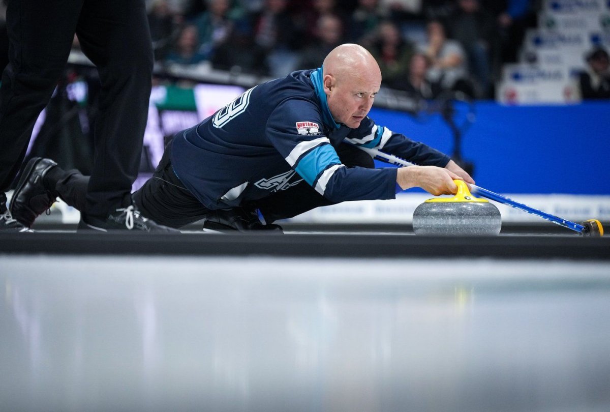 Alberta-Koe skip Kevin Koe delivers a rock while playing Nunavut during the Brier, in Regina, Thursday, March 7, 2024. Kevin Koe will operate a three-man curling team for now. The four-time Canadian and two time world champion fired his second Jacques Gauthier on the eve of the PointsBet Invitational that opened Wednesday in Calgary.