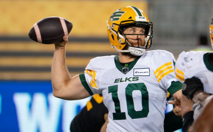 Edmonton Elks quarterback McLeod Bethel-Thompson (10) throws a pass during second half CFL football game action against the Hamilton Tiger-Cats in Hamilton, Ont. on Saturday, August 17, 2024.