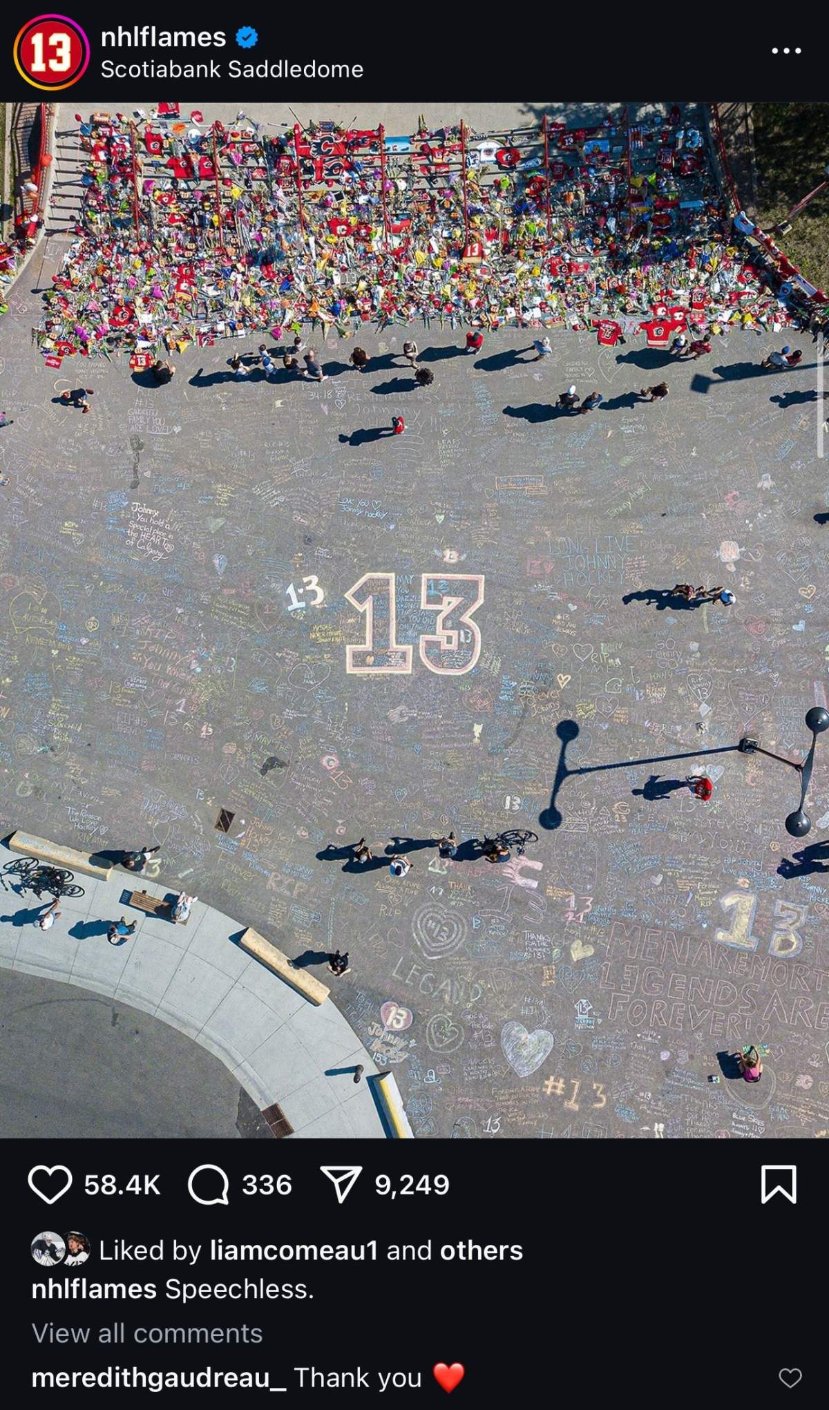 Days after the news broke that star hockey player Johnny Gaudreau and his brother Matt had been killed while riding their bicycles, a memorial for the former Calgary Flames forward continues to grow outside the Scotiabank Saddledome.