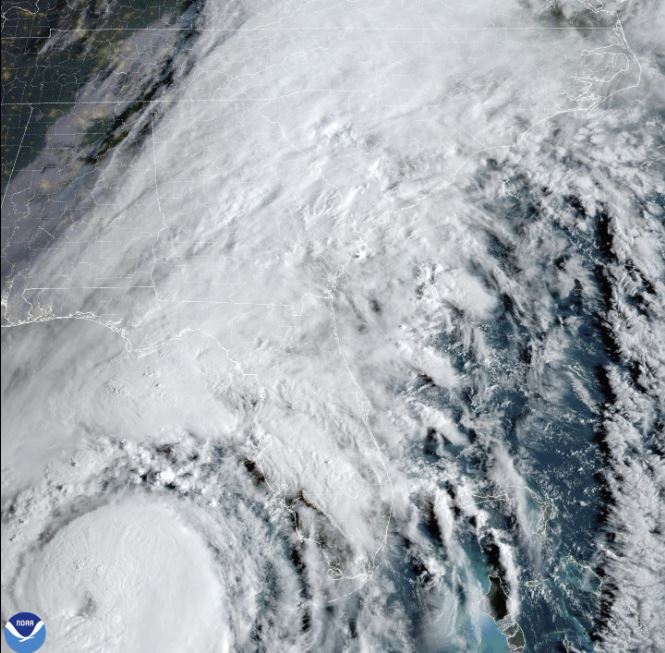 This satellite image provided by NOAA shows Hurricane Helene advancing across the Gulf of Mexico toward Florida on Thursday, Sept. 26, 2024.