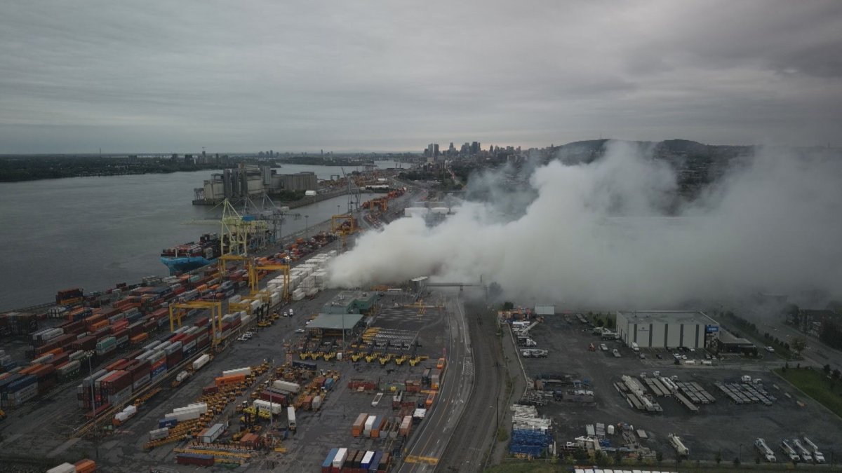 A fire at a shipping container at the Port of Montreal on Sept. 23, 2024.