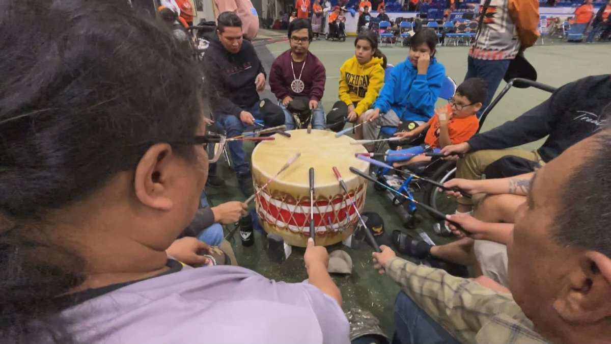 Drummers perform one of many songs during the powwow.