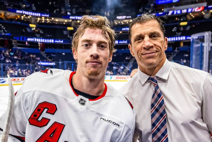 Skyler Brind'Amour played in his first NHL game with his father behind the bench in Carolina's 2-1 preseason victory at the Tampa Bay Lightning on Tuesday night.