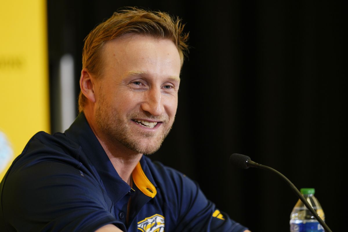 Nashville Predators forward Steven Stamkos speaks during an introductory news conference at the NHL team's training facility Tuesday, July 16, 2024, in Nashville, Tenn.