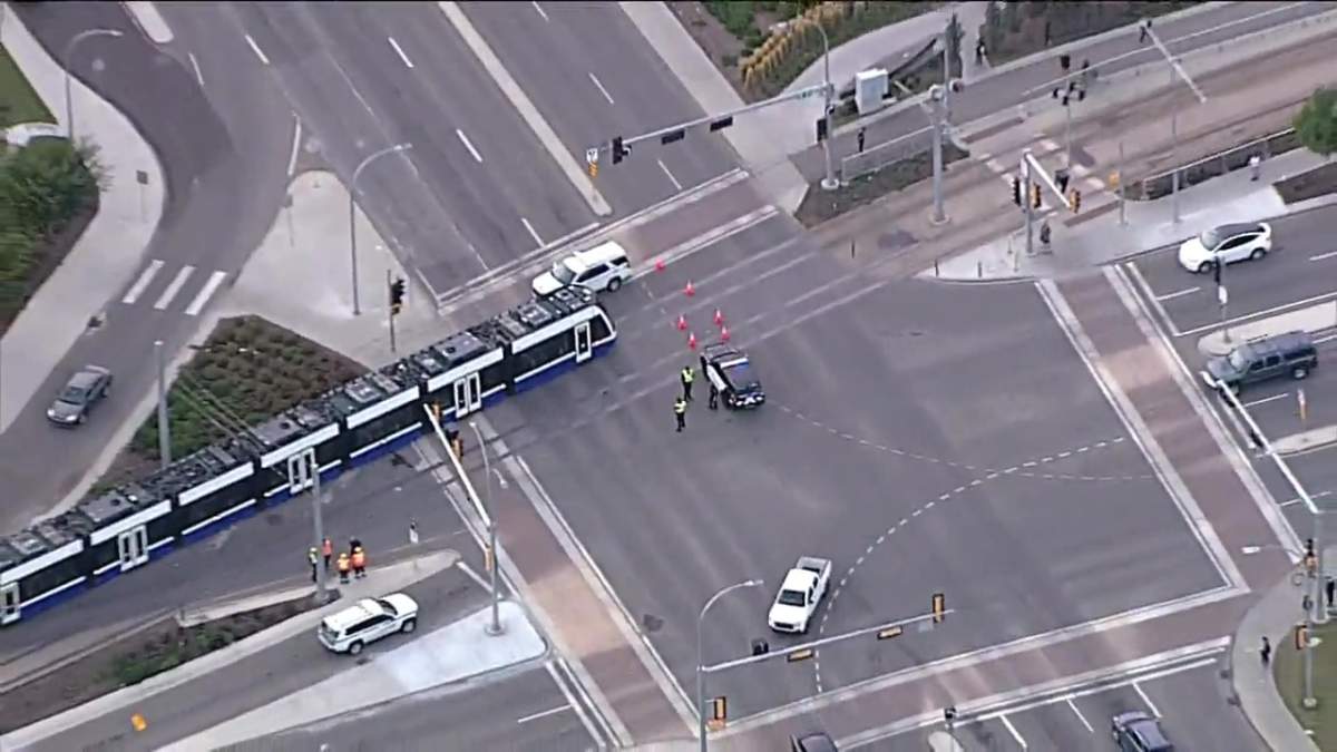 A collision between the Valley Line LRT and a cyclist at the 82 Avenue/Whyte Avenue crossing on Monday, Sept. 23, 2024.
