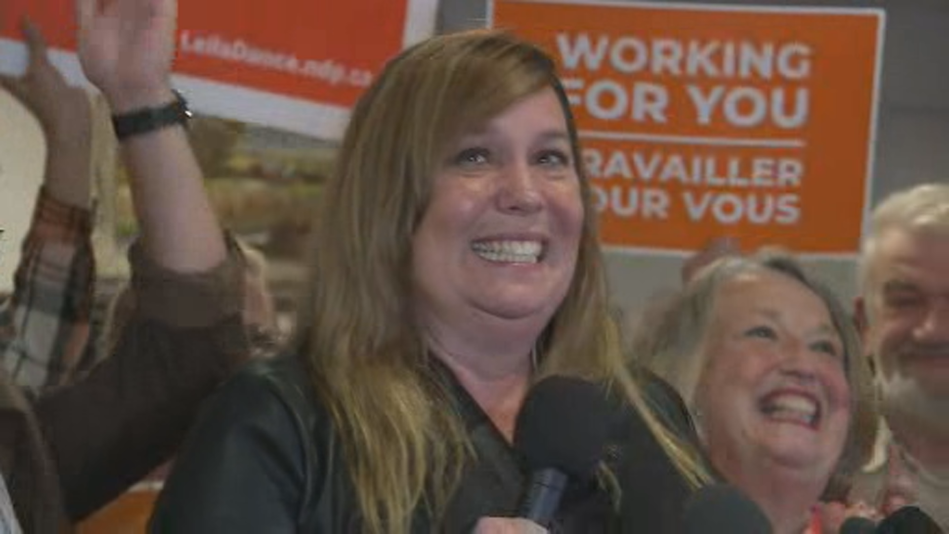 Elmwood-Transcona candidate Leila Dance speaks to supporters at her byelection headquarters Monday night.