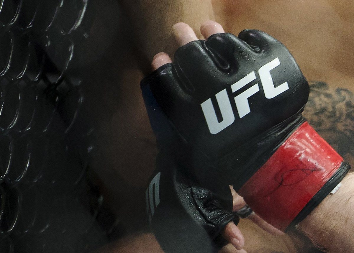 The UFC logo is shown on a fighter's hand during UFC Fight Night at Rogers Arena in Vancouver, Saturday, September, 14, 2019. Venezuelan flyweight Yuneisy Duben knocked out Canadian Shannon (MMA Barbie) Clark in 73 seconds Tuesday on Dana White's Contender Series, derailing Clark's hopes of earning a UFC contract.