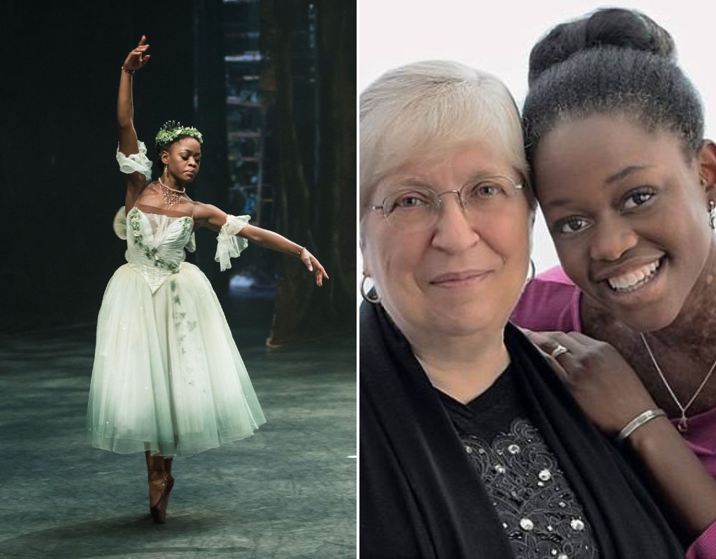 Left: Michaela DePrince performs 'Giselle' with the English National ballet at the Coliseum on January 13, 2017 in London, England. Right: Elaine DePrince and Michaela DePrince pose for a portrait.