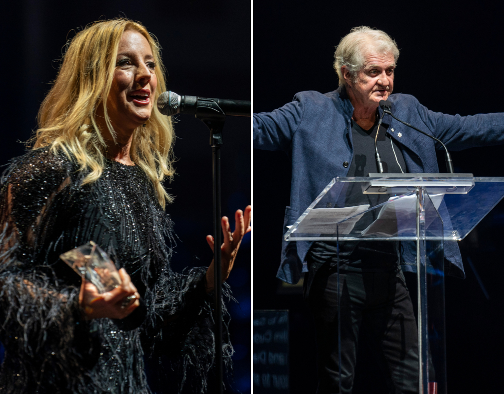 Sarah McLachlan and Tom Cochrane accept awards at the Canadian Songwriters Hall of Fame Induction Ceremony at Massey Hall in Toronto, on Saturday, September 28, 2024. 