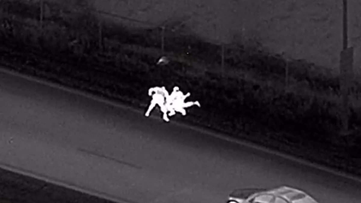 Surveillance video from the Edmonton Police Service Air 1 helicopter shows officers appearing to using their stun gun on a man before hitting him. The incident happened on the side of the road near Whitemud Drive and 66 Street in south Edmonton on Saturday, Oct. 14, 2023.