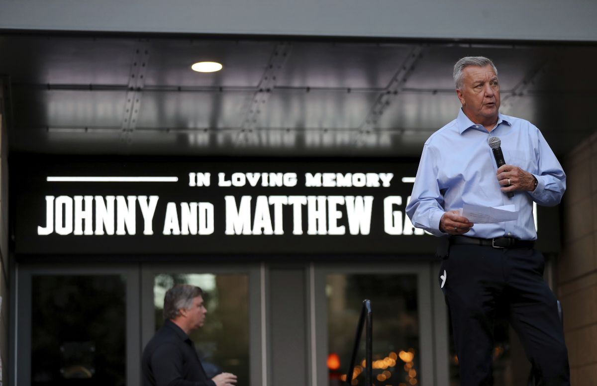 Columbus Blue Jackets general manager Don Waddell speaks during the candlelight vigil to honor Blue Jackets hockey player Johnny Gaudreau, Thursday, Sept. 4, 2024, outside of Nationwide Arena in Columbus, Ohio.