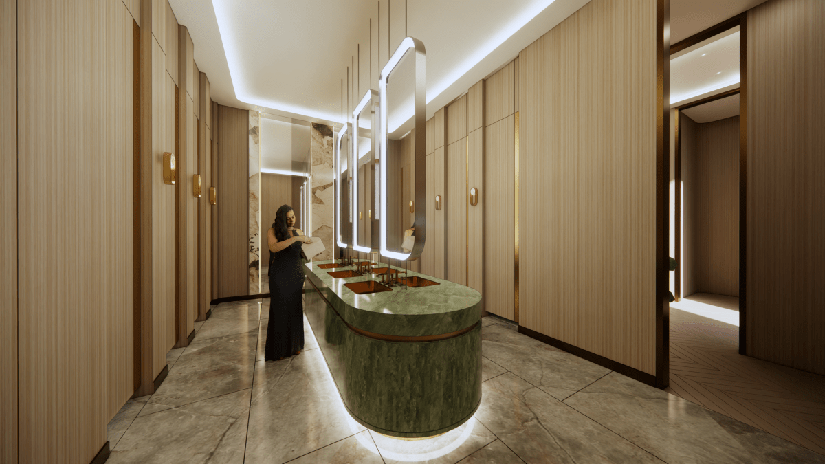 Rendering a new bathroom as part of the expanded River Cree Resort and Casino on the Enoch Cree Nation near Edmonton.