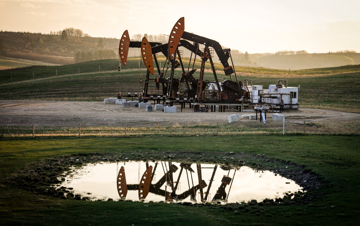 Pumpjacks draw out oil and gas from a well heads near Calgary on Sunday, May 12, 2024.