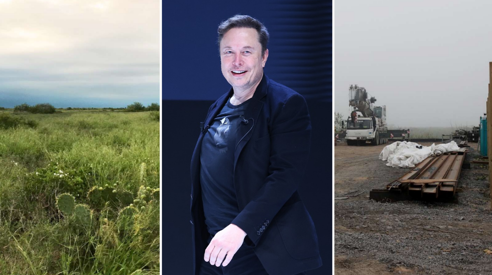 A three-paned split image. On the right is green land with cacti in the foreground. In the centre, is Elon Musk. On the right, is a dusty plot of land crowded with equipment and vehicles.